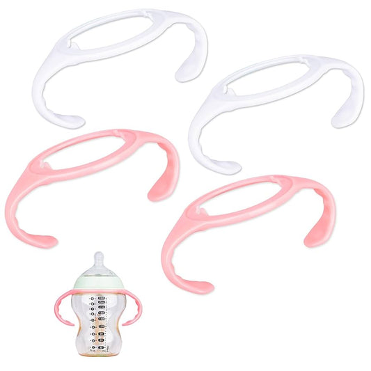 Pink and white baby bottle straps with a baby bottle on a white background