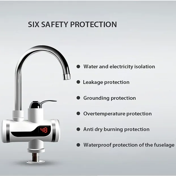 A stainless steel instant hot water tap electric geyser with a digital temperature display, featuring safety protection such as water and electricity isolation, leakage protection, overtemperature protection, and anti-drying protection.