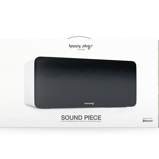 The product image shows the packaging of Happy Plugs Sound Piece, a black wireless speaker with a minimalist design.