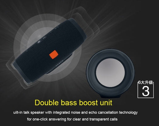 A black, dual-bass boost unit wireless Bluetooth speaker with integrated noise and echo cancellation technology, featuring a button with an orange detail and a circular design in the inset.